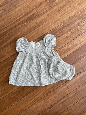 Quincy Mae Smocked Puff Sleeve Floral Baby Dress with Bloomers - Light Sage